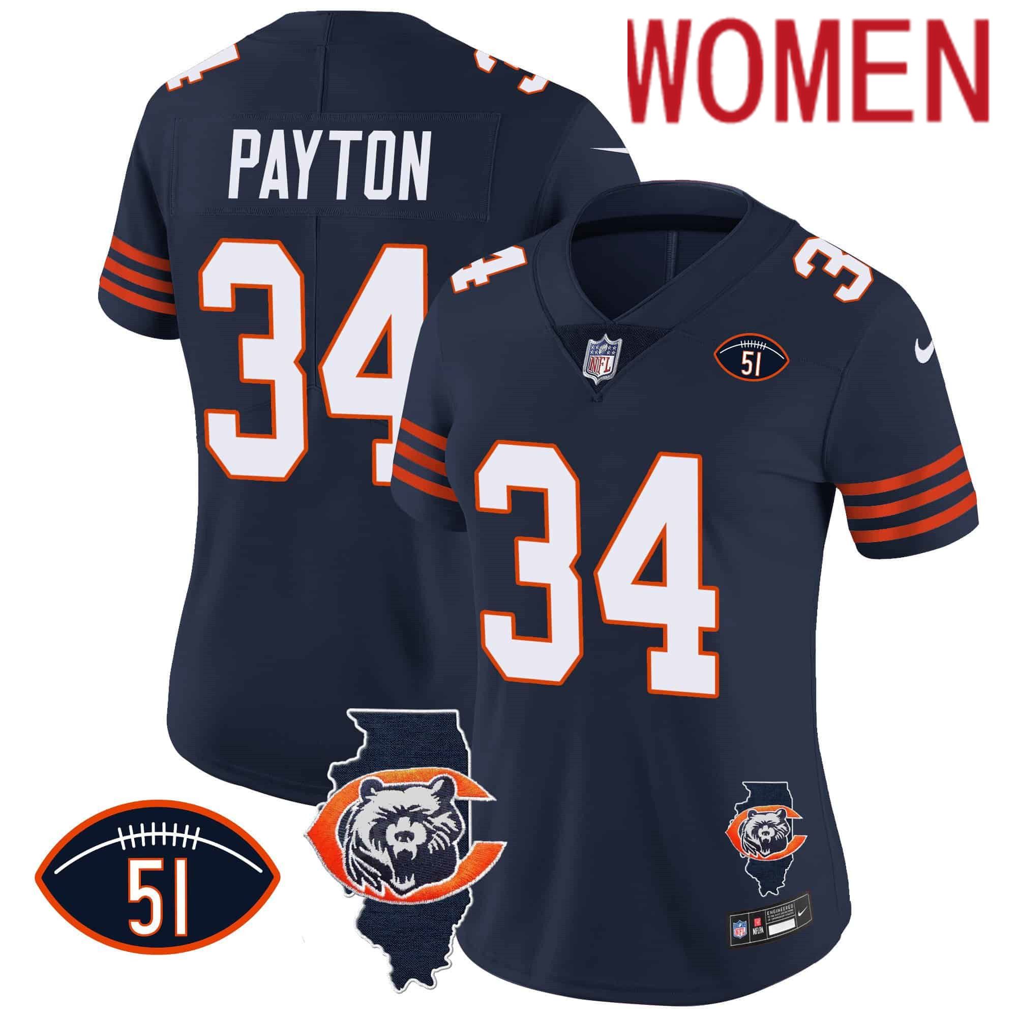 Women Chicago Bears #34 Payton Blue 2024 Nike Throwback Illinois Patch Vapor NFL Jersey style 1